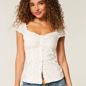 Hollister Floral Smocked Puff Sleeve Top Women‎ XS White Pink Viral TikTok